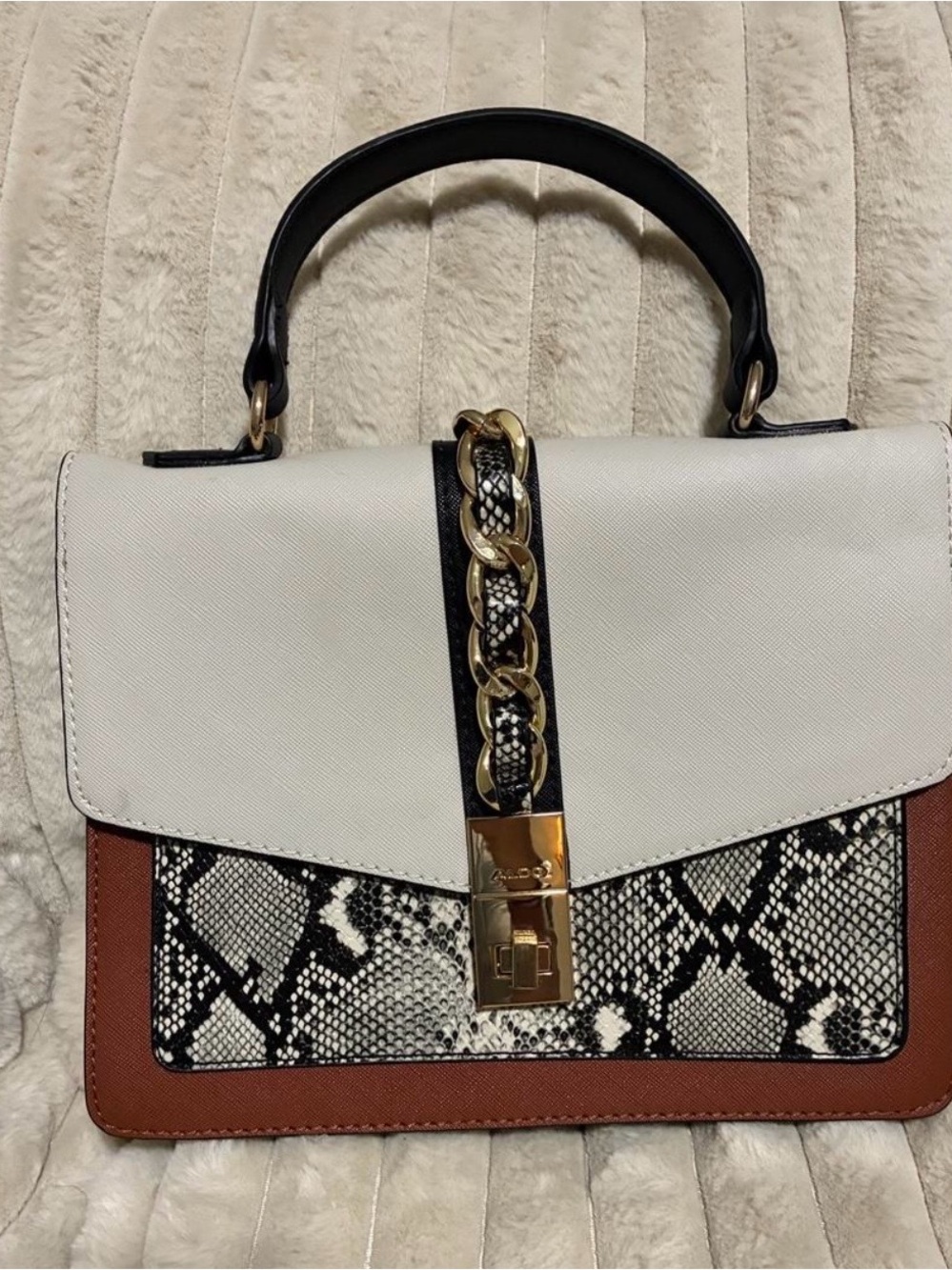Aldo Cream, Black & Brown Snake-Accent Top-Handle Satchel